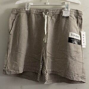 NWT Dash Washable Linen Shorts Womens Sz XL Taupe White Gingham Drawstring Waist